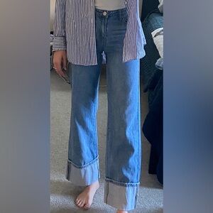 Straight Leg Wide Cuffed Mid Rise Jeans